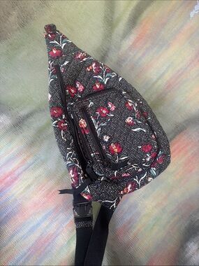 Vera Bradley Black Crossbody Sling Bag with Red Floral Print